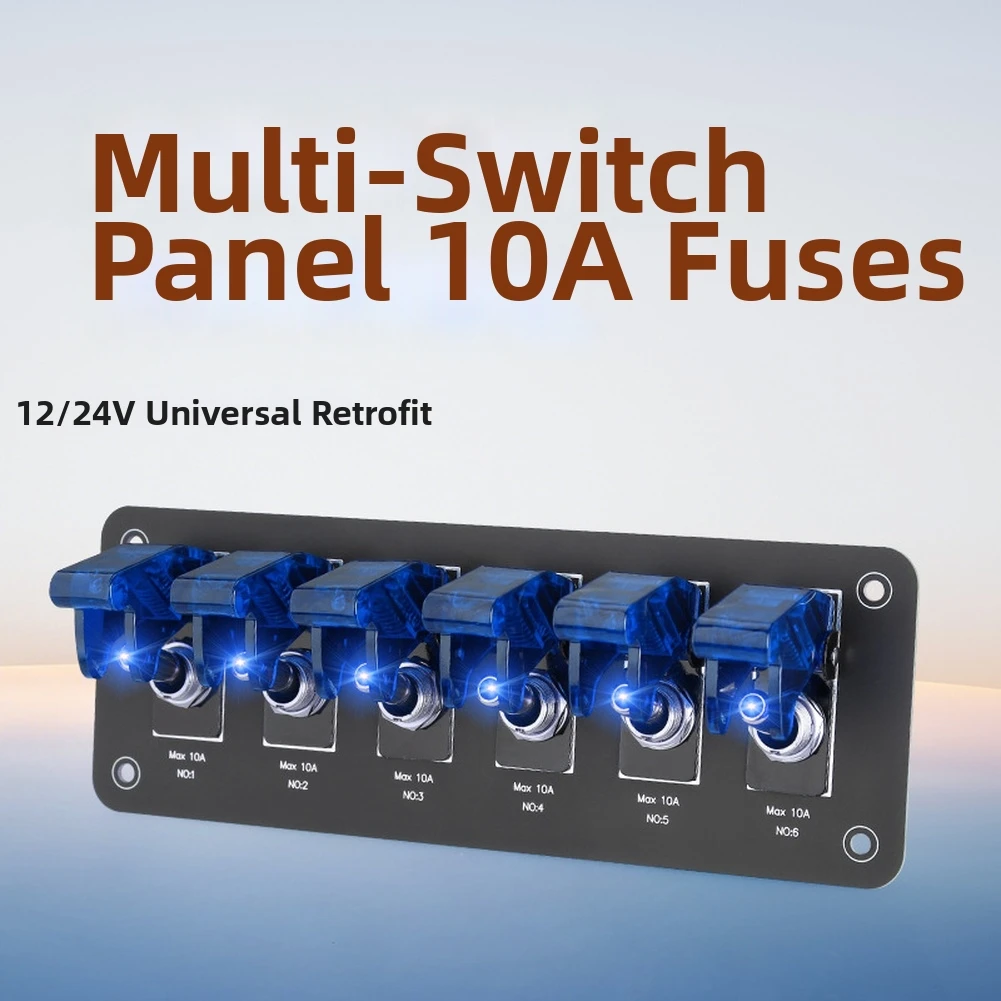 10A 6-Position Rocker Switch Panel 12V/24V Metal Carbon Fiber Blue LED Indicator Fuse Protected For Car For RV For Racing