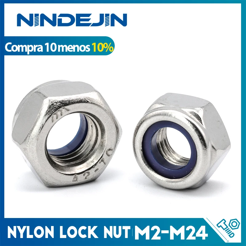 Nindejin porca de bloqueio de náilon aço inoxidável hexágono porca de travamento m2 m2.5 m3 m4 m5 m6 m8 m10 m12 m14 m16 m20 m24 porca de bloqueio din985