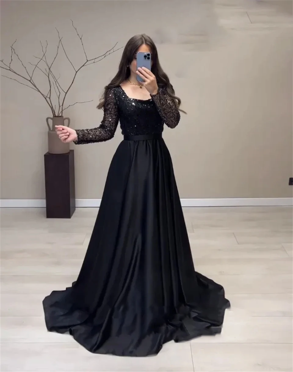 Customized Square Neck Sequined Black A-line Full Sleeves Evening Dresses For Women Sweep Train 2024 Prom Dresses Party Dress