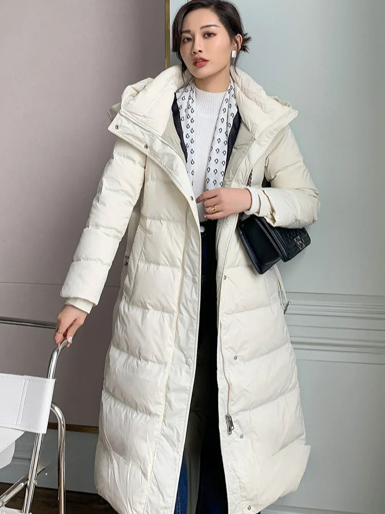 Women\'s Long Coats Down Fashion White Duck Down Coats with Belt  Slim Solid Color Oversized Thickened Warm Hooded Down Jacket