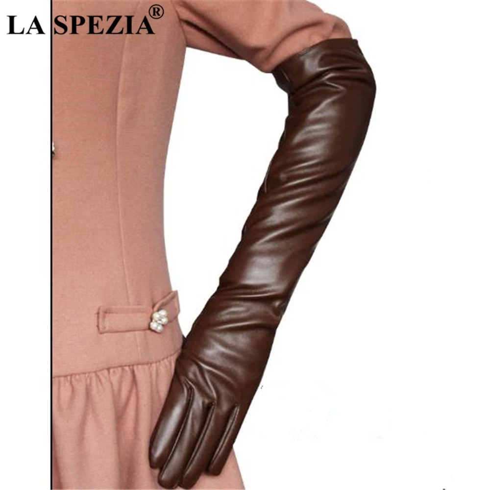 LA SPEZIA Long Gloves Women Pu Leather Solid Black White Red Coffee Pink Autumn Winter Fashion Ladies Elbow Length Gloves