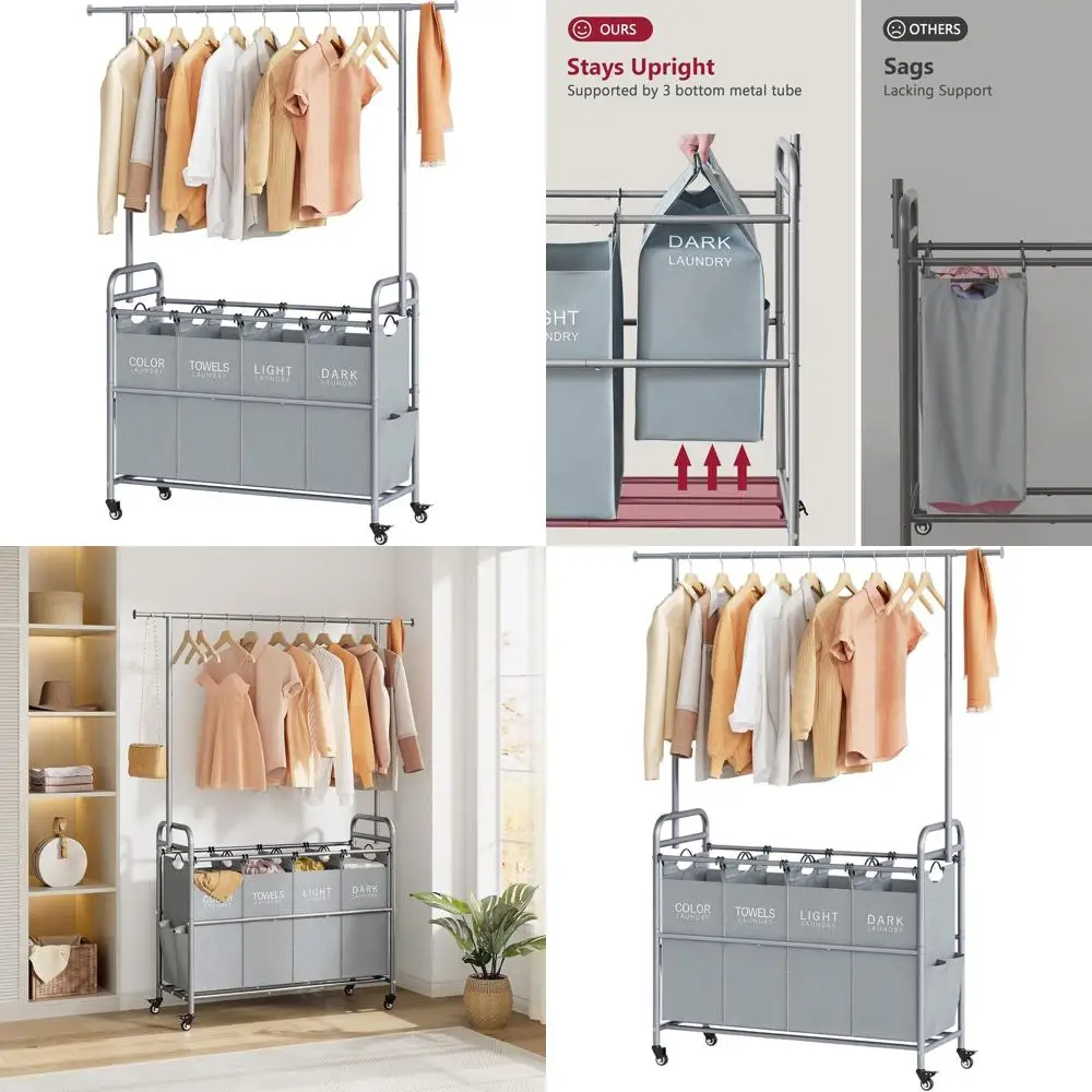 

4-секционная корзина для белья на колесиках с запираемыми колесами и подвесной планкой, прочная для домашнего использования, серая