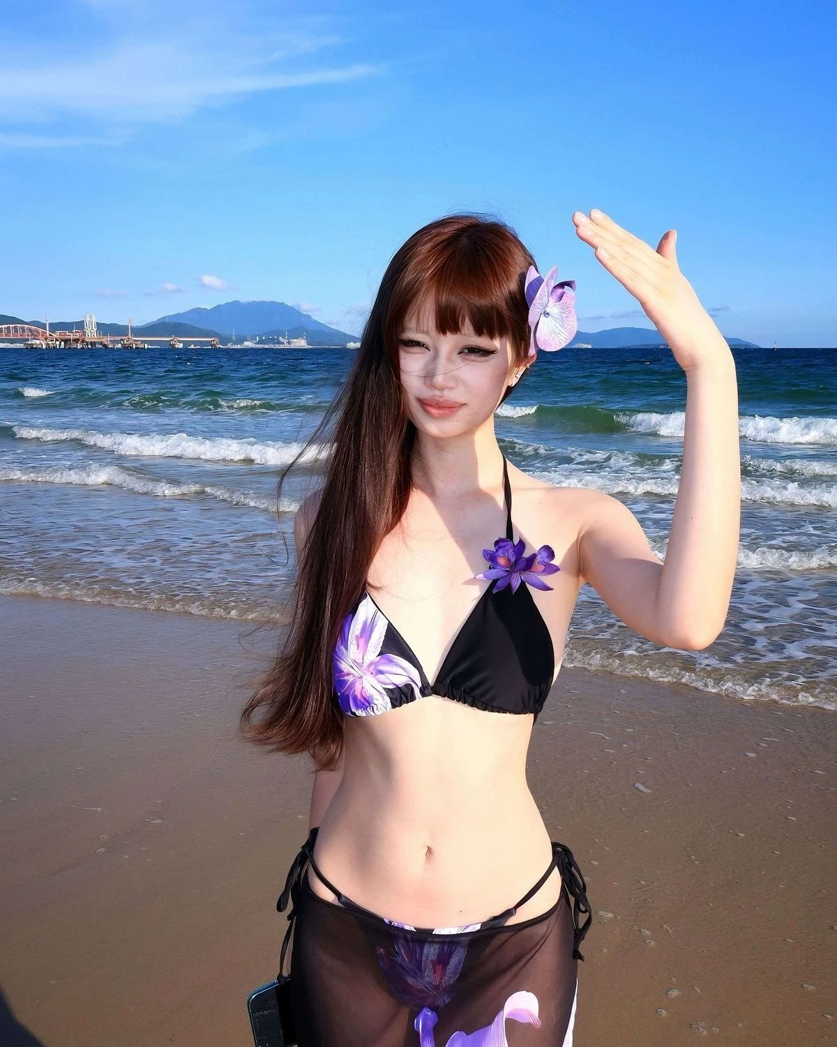 

2026 New Bikini Set Women Halter Neck Three Piece Swimsuit Lily Print Sheer Mesh Sarong Cover Up Beach Bathing Suit Swimwear