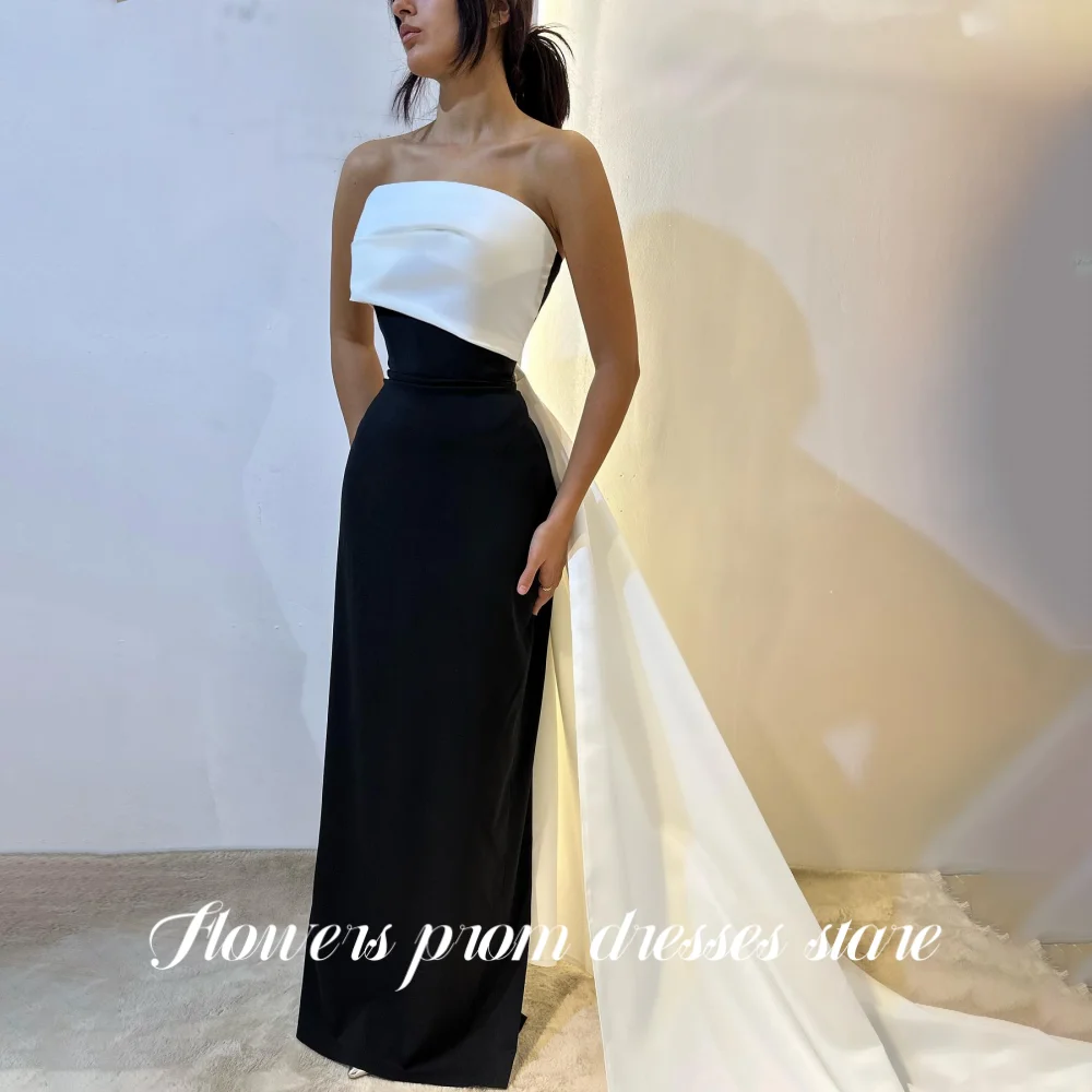 

Flowers Black-White Glamorous Evening Gowns Ruffled Prom Dress with Cape Wedding Party Dress Satin robes de soirée Customized