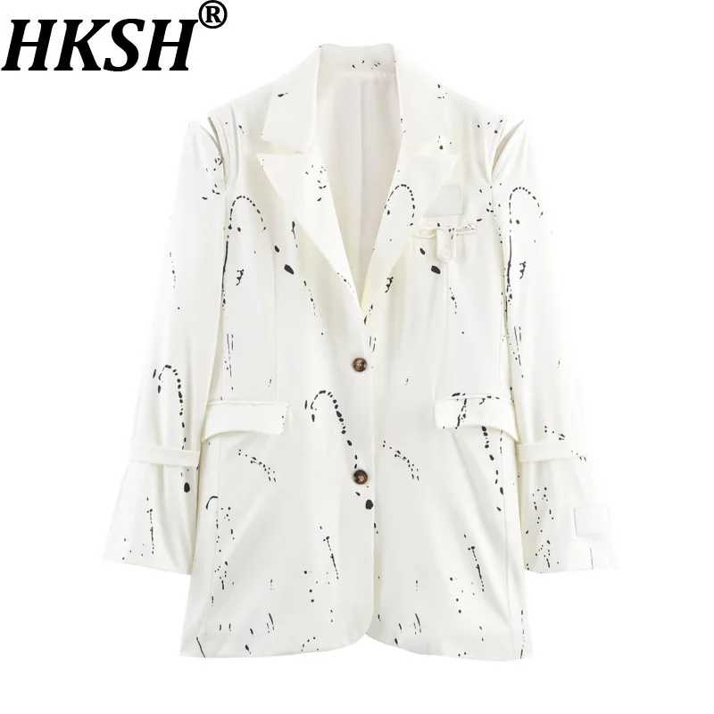 HKSH Primavera Autunno Nuove donne Blazer Colletto dentellato monopetto stampato con spalle scoperte Manica lunga Elegante cappotto di moda HK12834