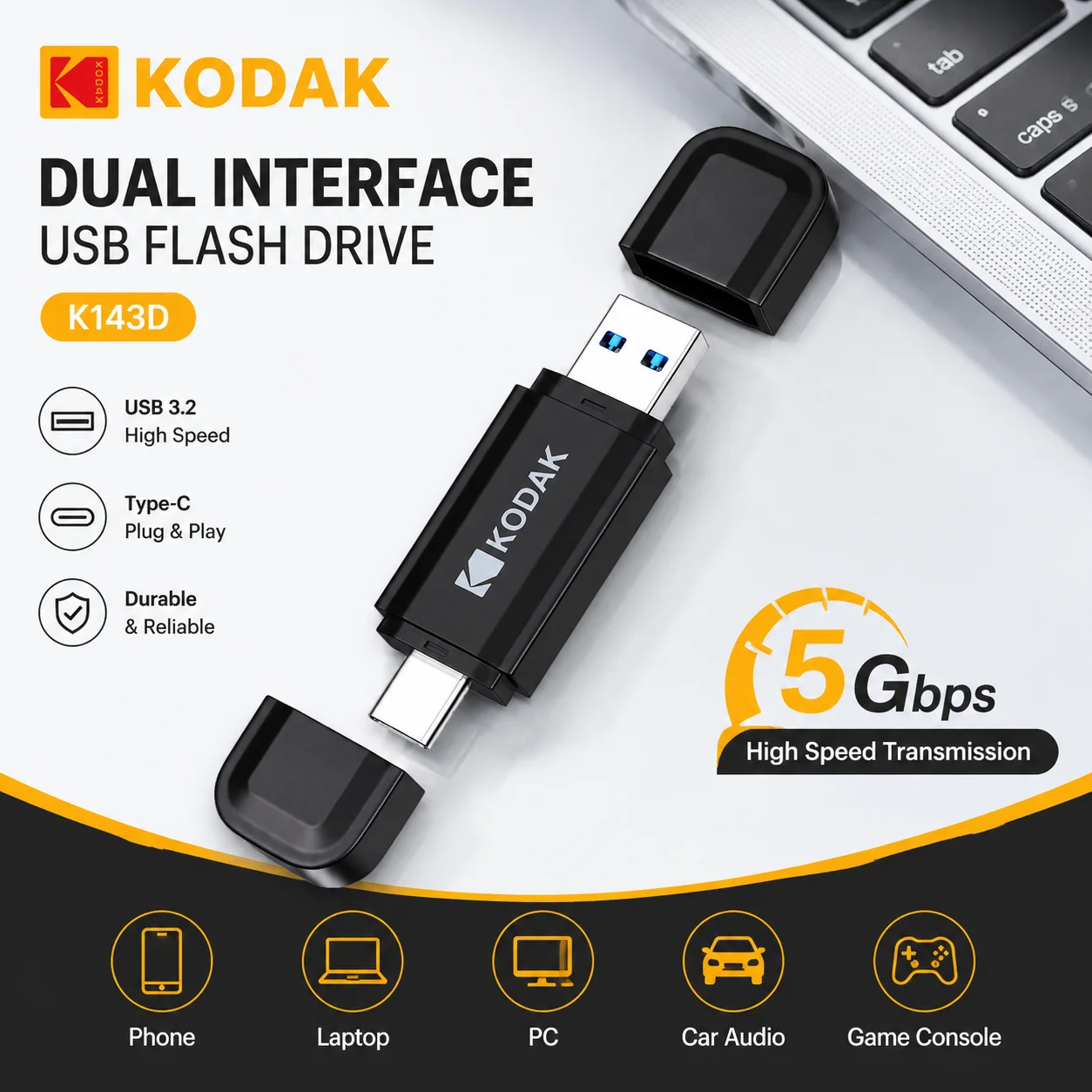 KODAK K143D Type C USB 3.2 Flash Drive 32GB-256GB OTG USB Stick Dual Connector Pen Drive for Android Phone Computer