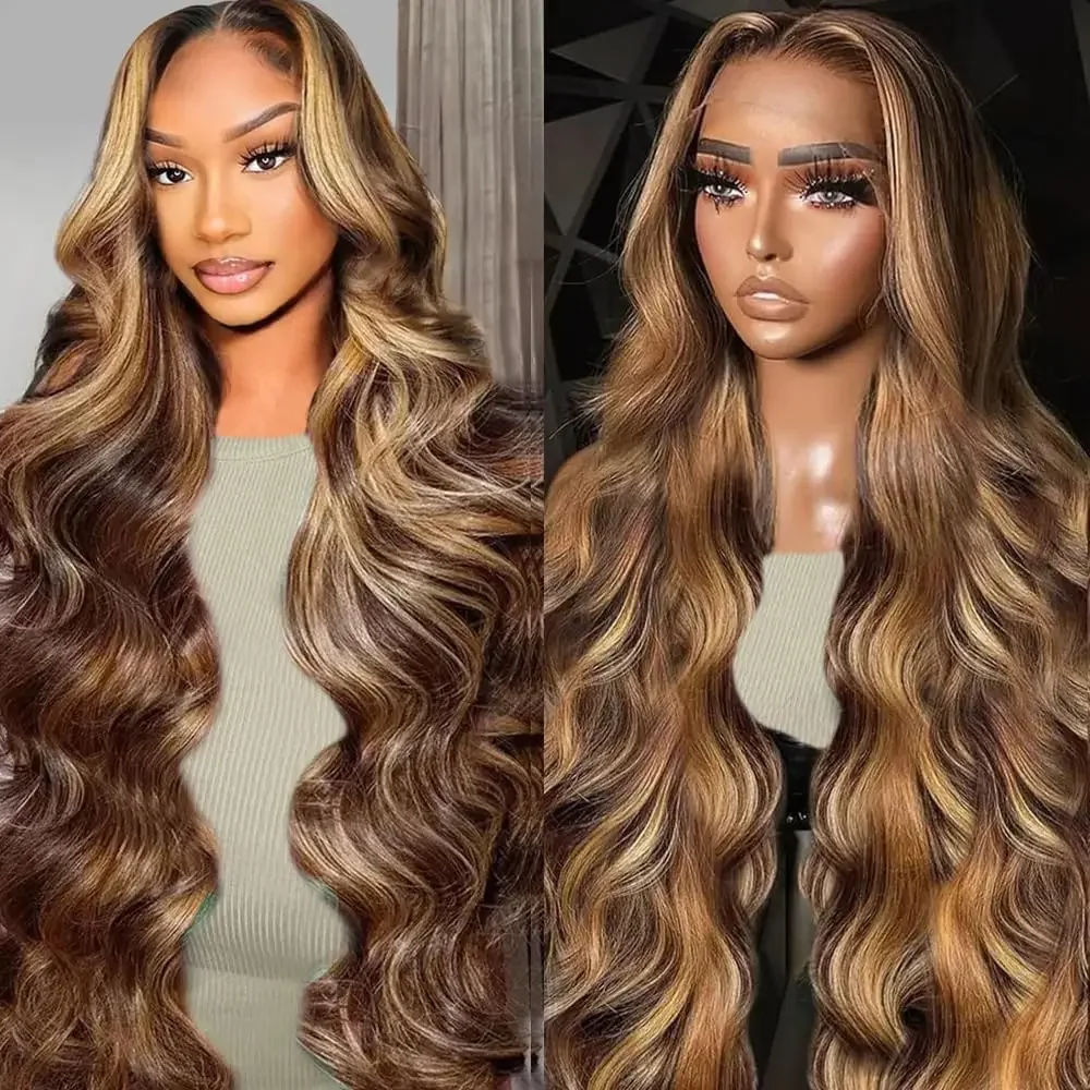 

30-38-дюймовый парик из натуральных волос P4/27 Ombre Brown Highlight Body Wave, 13x4 HD прозрачный кружевной фронтальный парик из натуральных волос, без клея