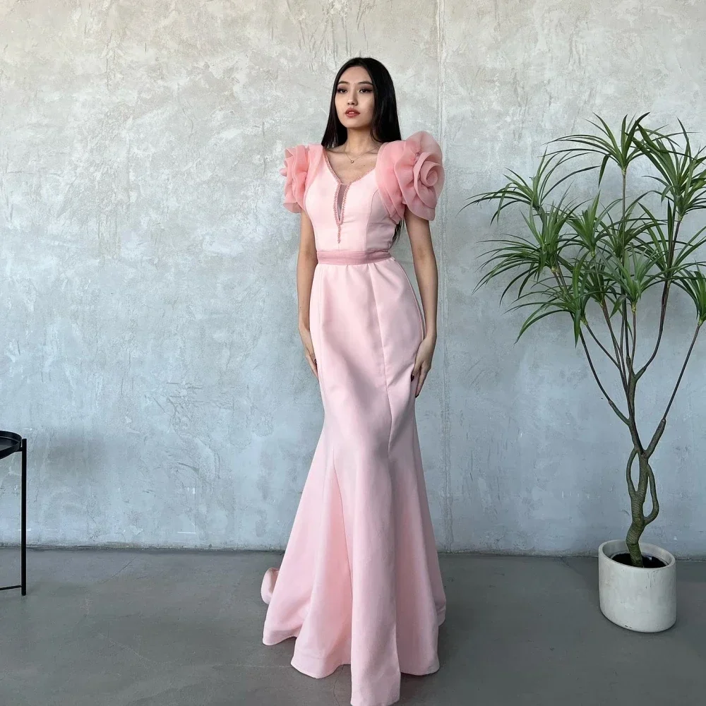 

Customized Prom Dress Exquisite Fashion V-neck Mermaid Evening Flower Contoured Satin Custom