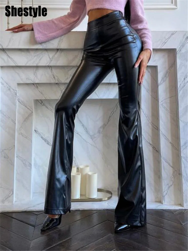 Shestyle Black PU Faux Leather Flare Pants Women Streetwear High Waist Slim Graceful Trouser Office Lady Hipster 2024 Autumn