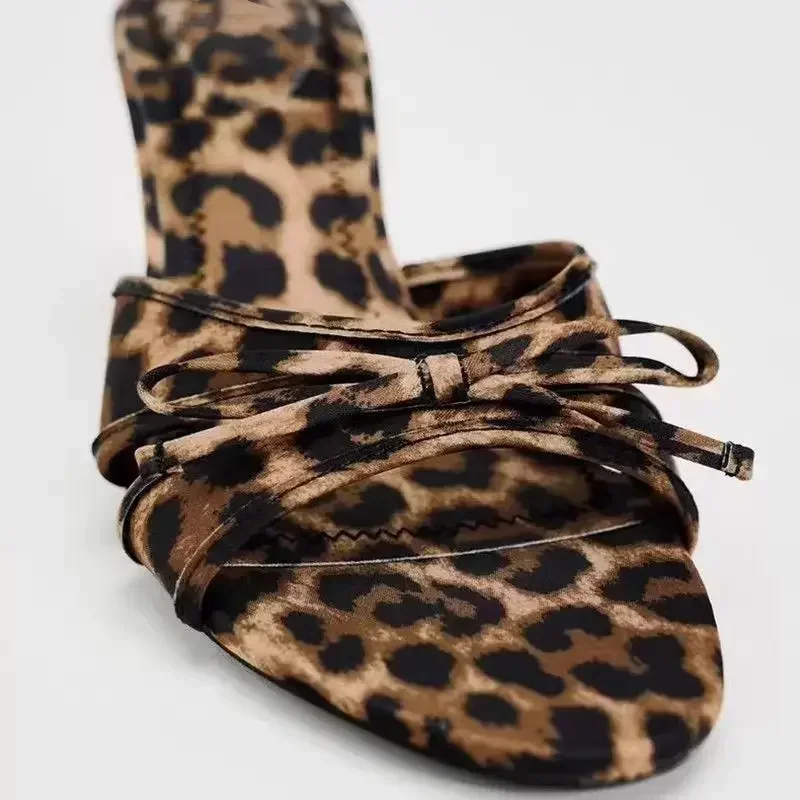 ZA New European and American High Quality Women Shoes Bow Knot Leopard Print High Heel Slippers Women High Heel Sandals