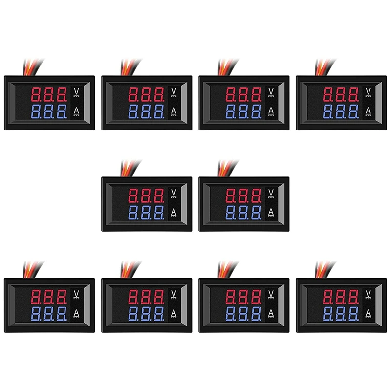 10Pcs 0.28 Inch Digital Voltmeter Ammeter 100V 10A 3 Bits Red Blue Dual LED Panel For Car Vehicle Electricity Battery