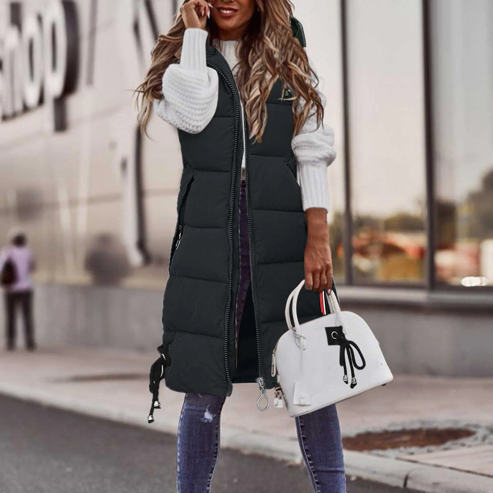 

Женская свободная куртка средней длины, Модный повседневный однотонный жилет без рукавов с капюшоном, пальто, длинная хлопковая куртка на молнии с карманами, женская верхняя одежда