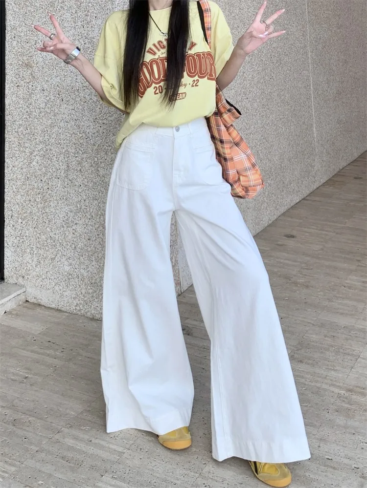 ZHISILAO White Wide Leg Jeans Women Vintage Baggy High Waist Floor Length Denim Pants Streetwear Summer 2024