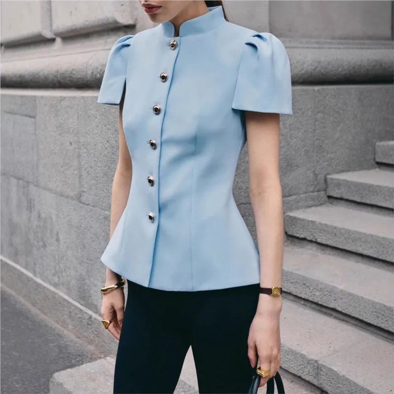 Elegant Stand-up Collar Lantern Short-sleeved Top Women's Temperament Slim Versatile Suit Jacket Spring Summer New Button Top