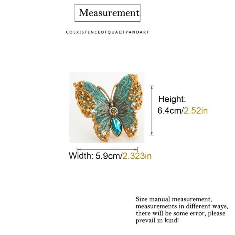 Vintage Large Blue Butterfly Big Cocktail Rings For Woman Crystal Enamel Size 8 Gold Color Luxury Jewelry Designers Accessories view 6