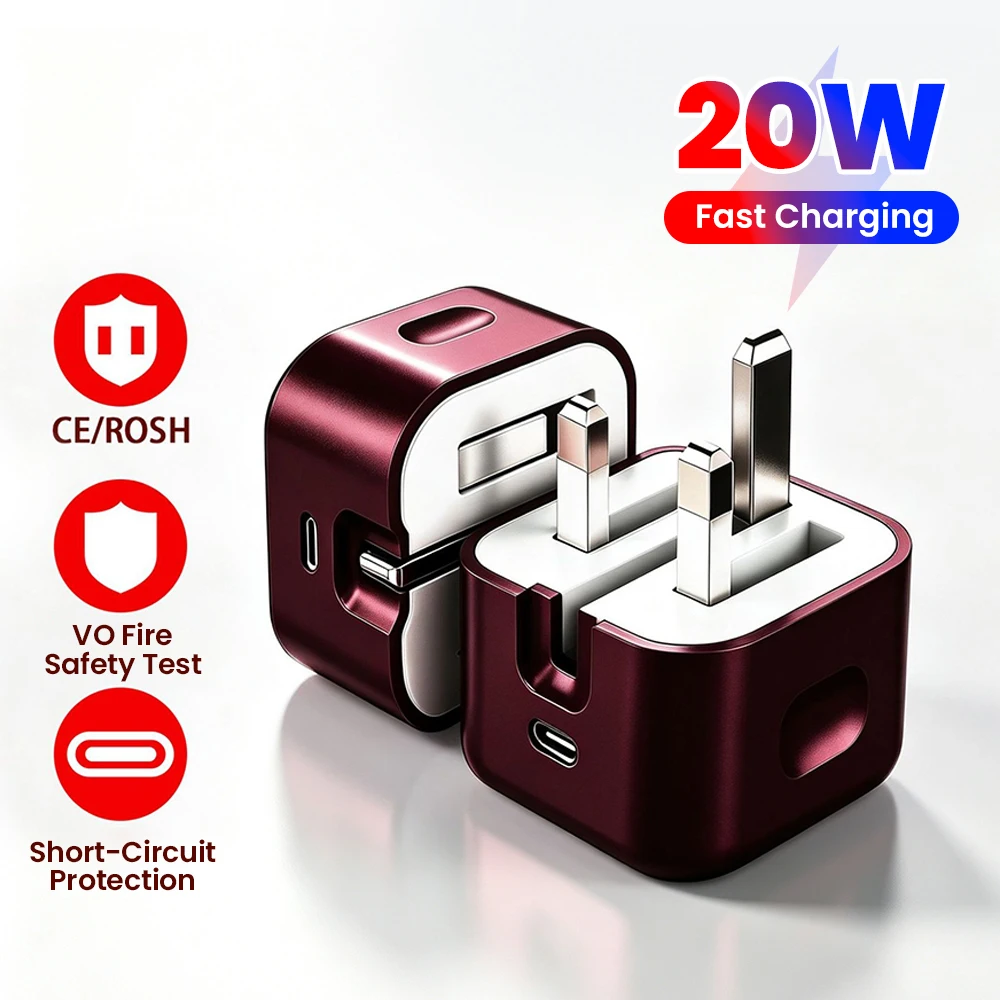 شاحن سريع جدًا من نوع PD20W Type C لهواتف iPhone 18 و17 و16 وسامسونج وPOCO، مع قابس بريطاني/أوروبي/أمريكي، وشاحن USB C قابل للطي، وملحقات شحن للهواتف المحمولة.
