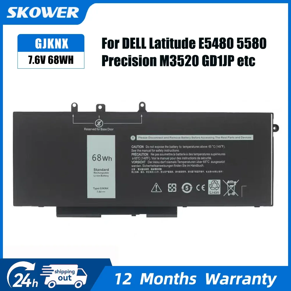 SKOWER 51Wh 93FTF Battery for Dell Latitude E5280 E5288 E5480 E5580 5490 5590 5491 5591 5495 5488 Precision 3520 3530 68Wh GJKNX