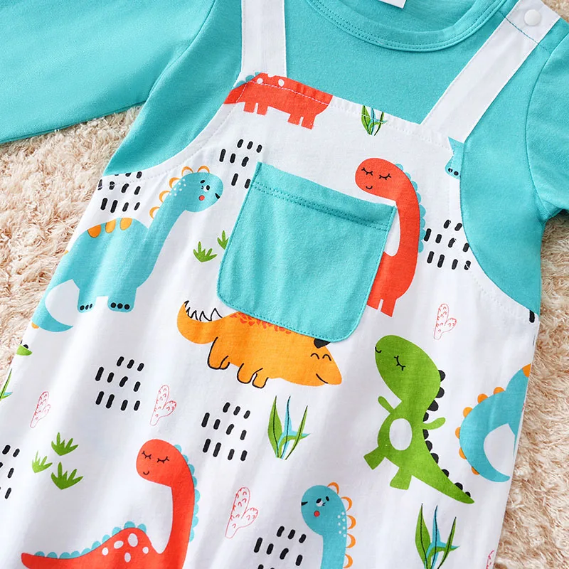 Baby\'s Fake Shoulder Strap Ha Yi Newborn Pure Cotton Jumpsuit Cartoon Dinosaur Long Sleeved Spring And Autumn Clothes