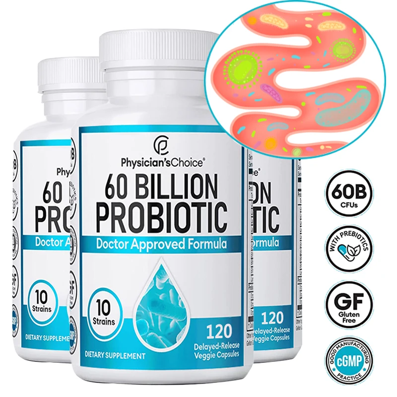 Probiotics 60 Billion CFU - 10 Strains + Organic Prebiotics, Immune, Digestive, Gut Health, Supports Constipation, Gas, Bloating