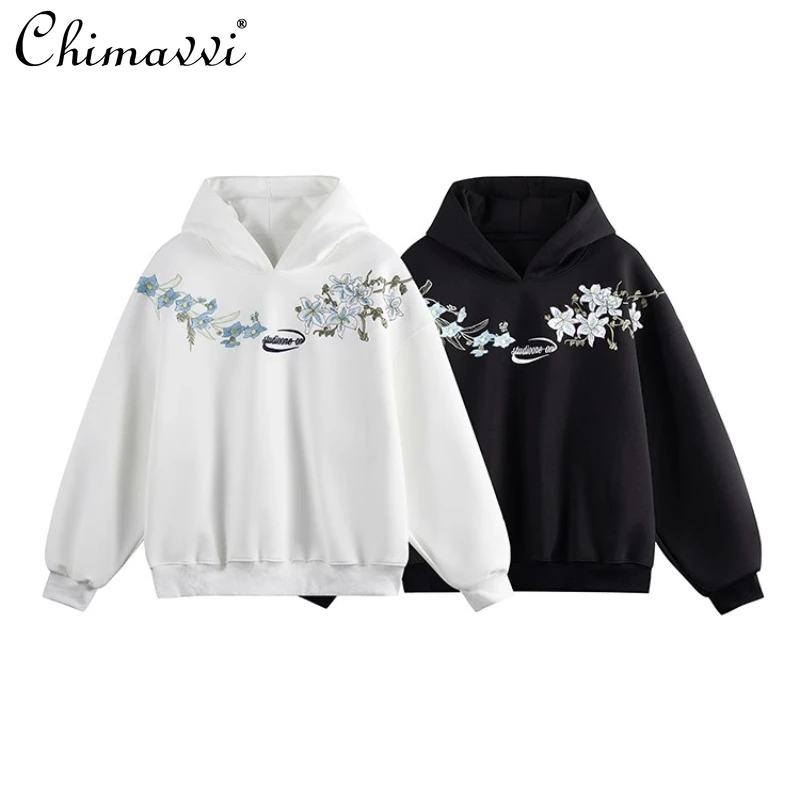 

American Streetwear Fashion Retro Couple Hoodies Embroidered Flower Long Sleeve Loose Casual Versatile Sweatshirts Men Autumn