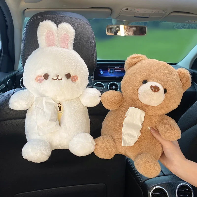 

Car Tissue Boxes Plush Cute Cartoon Bear Rabbit Seat Back Hanging Drawer Cover Women's Car Creative Decorative Tissue Box