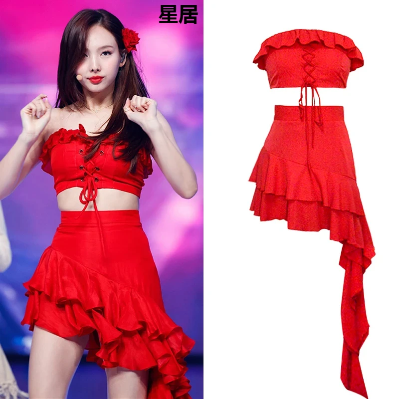 

Kpop Korean Women Group Red Lace-up Shirt Crop Tops Stage Outfits Sexy Irregular Long Skirts Jazz Dancer Suits Concert Rave Wear