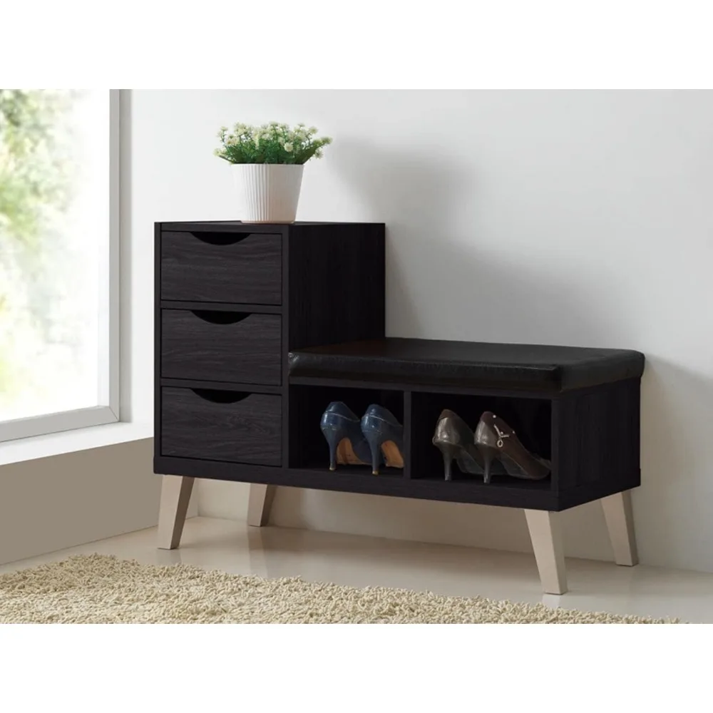 

Arielle Modern Contemporary Wood 3 Drawer Shoe Storage Padded Leatherette Seating Bench with Two Open Shelves, Dark Brown