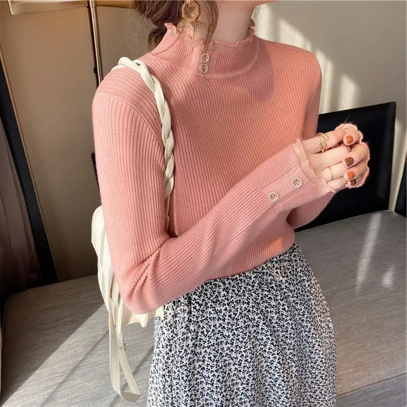 

woman Autumn winter Korean half high collar slim fit slimming effect spliced long sleeved lace bottom knit sweater for women top