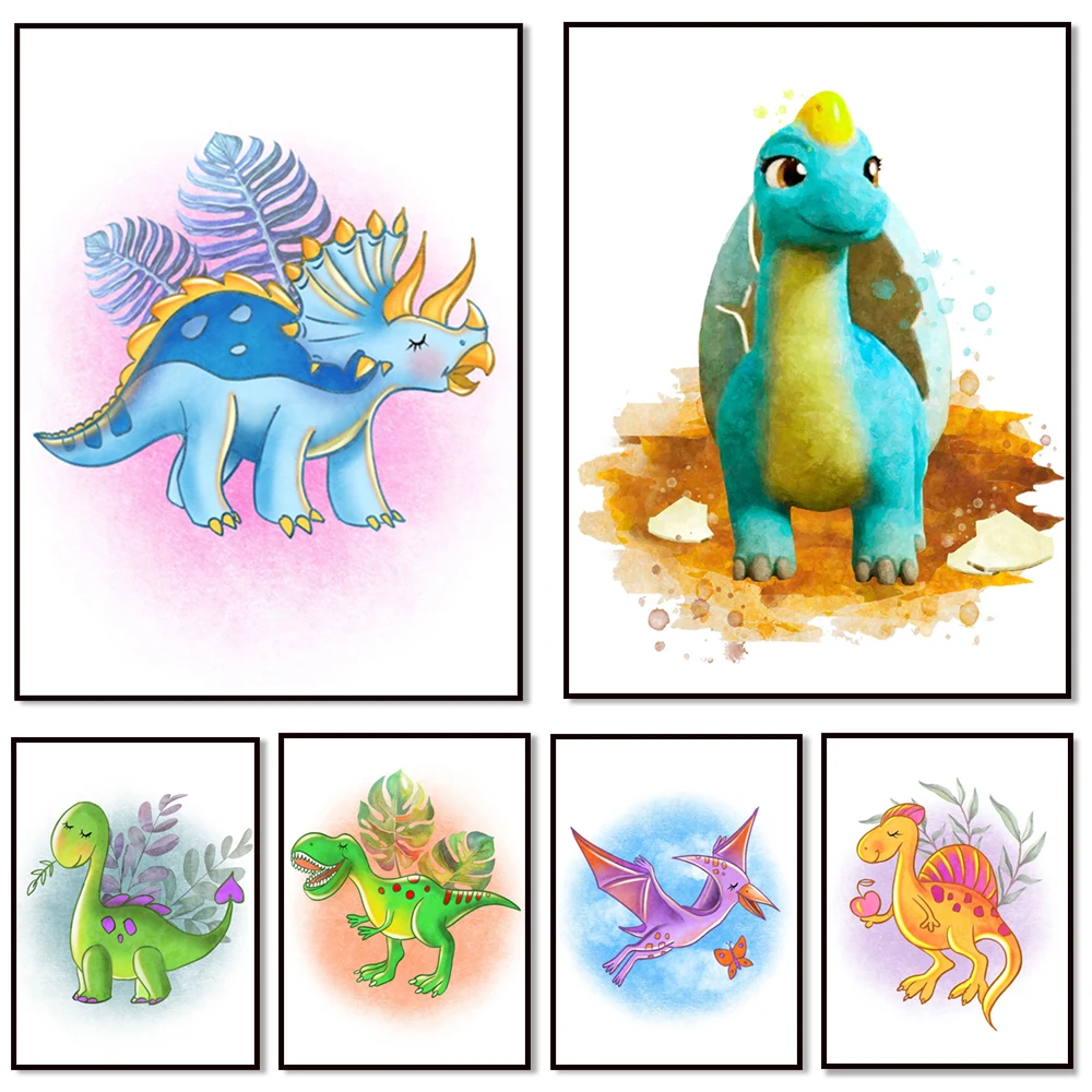 Cartoon Dinosaur Kindergarten Watercolor Poster, Tyrannosaurus Brontosaurus Triceratops Pterosaur Spinosaurus Decoration Picture