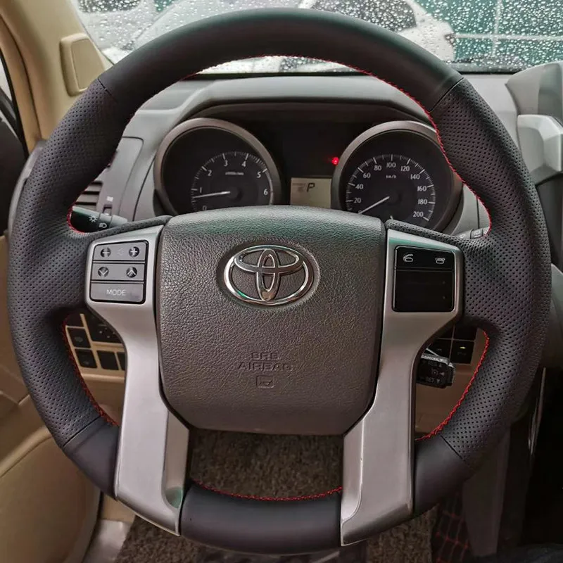 for Toyota Land Cruiser Prado 2010-2017 Hand-Stitched Non-Slip Black Smooth Genuine Leather White Line Car Steering Wheel Cover