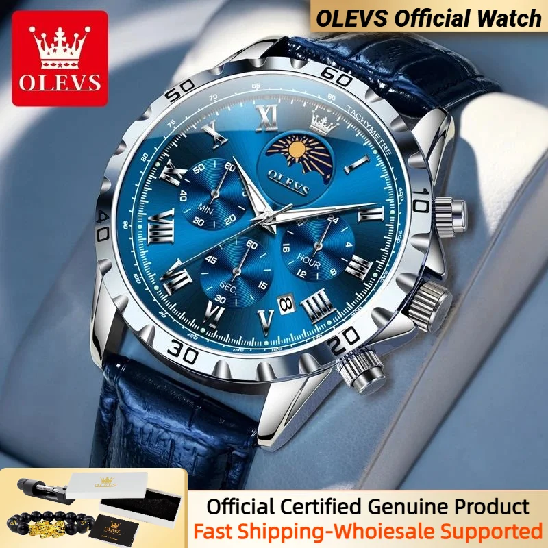 

OLEVS Moon Phase Watch for Men Multifunctional Three Small Dials Waterproof Luminous High-Quality Leather Strap Men's Watches