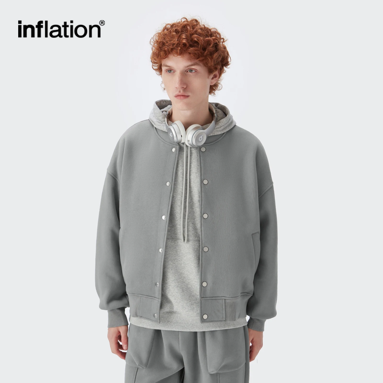 INFLATION Plain Sweatshirt Jacket Men 350gsm Winter Thick Fleece Baseball Jacket Unisex Fashion Loose Warm Outwear Men Coats