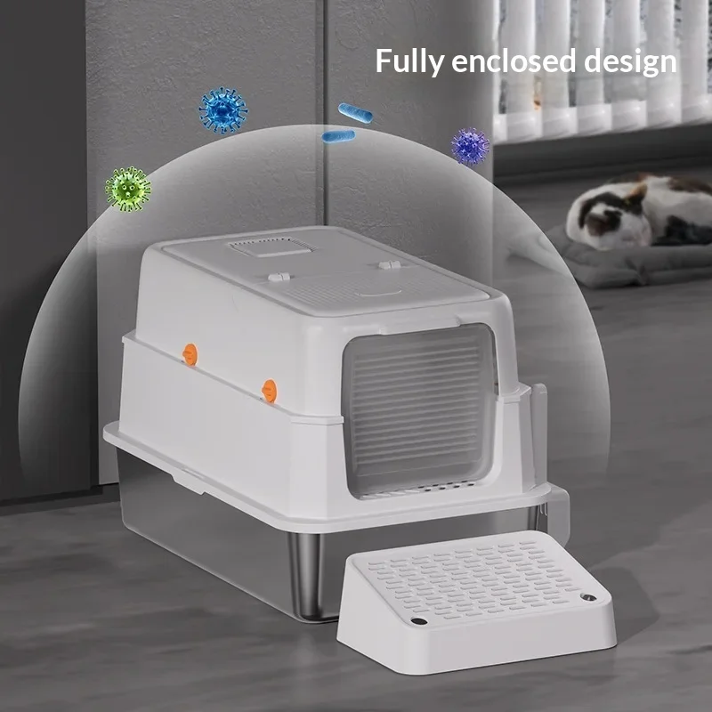 Caja de arena cerrada para gatos XL de acero inoxidable, sin olores - imagen 3