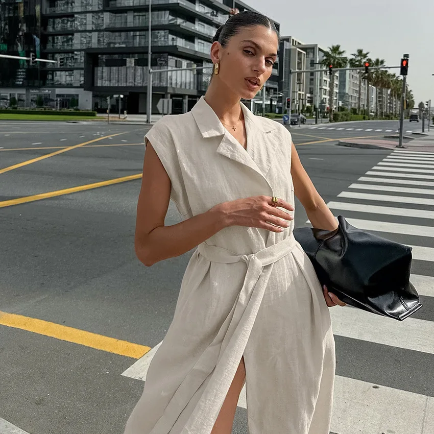 ชุดเดรสยาวผู้หญิงเสื้อชุด Vestidos แขนกุดเปิดลงปก Lace Up เอวแน่น Maxi ชุด 2025 ฤดูร้อน Office Lady A Line