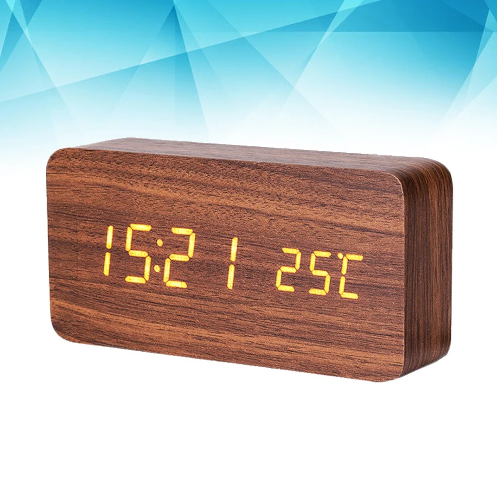 

Wooden Led Alarm Clock Voice Control Multi-Function Electronic Calendar Thermometer Silent Desk Wall Clock Eco-Friendly Brown