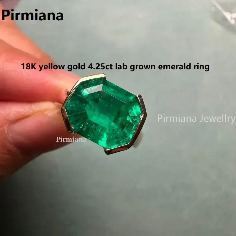 Pirmiana Custom Design 18k Yellow Gold 4.25ct Lab Grown Emerald Ring for Women Jewelry Engagement Band