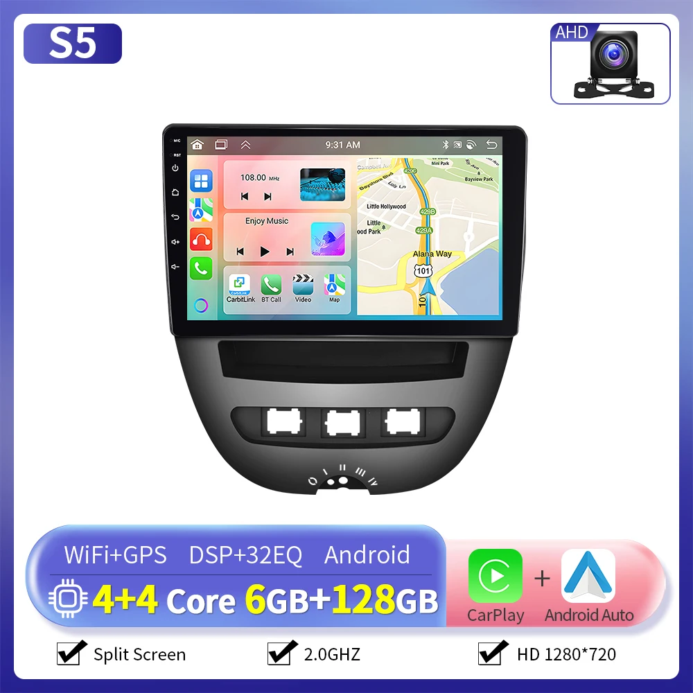 Camecho 6 + 128G CarPlay Android Auto Radio voor Toyota Aygo 2004-2014/PEUGEOT 107/Citroën C1 Multimedia Speler GPS Stereo WIFI