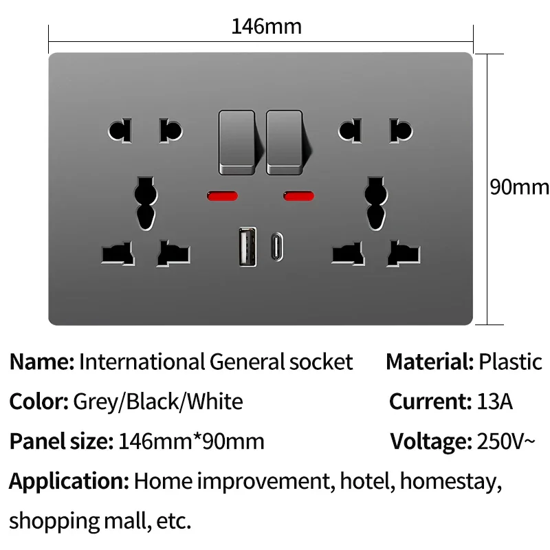 

146×90mm Universal Wall Socket with Type-C USB Charger & Switches, 2 Gang Power Outlet With LED, Flush Mount, AC 110-250V