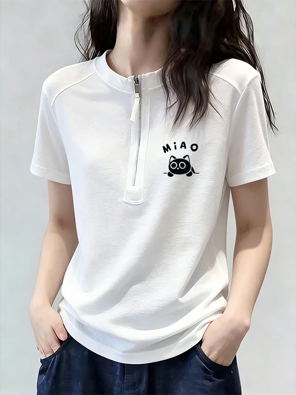 White Zipper Half Open Short Sleeve T-Shirt Women's Loose Slimming Fashionable Summer New Cartoon Dog Print Casual Style