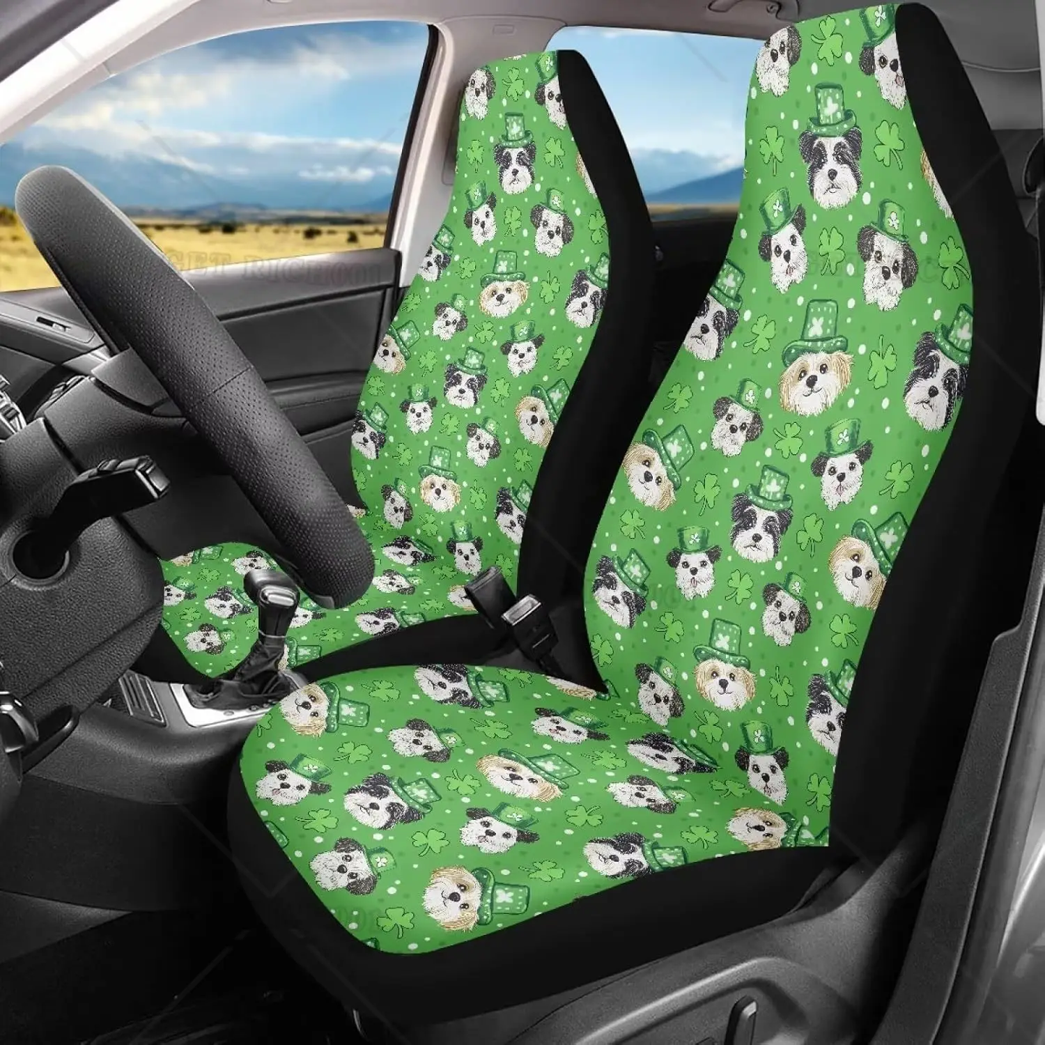 St.patrick Dog Clovers Car Seat Cover for Front Seat 2 Pcs Breathable Auto Seat Cushion Covers Vehicle Interior Accessories