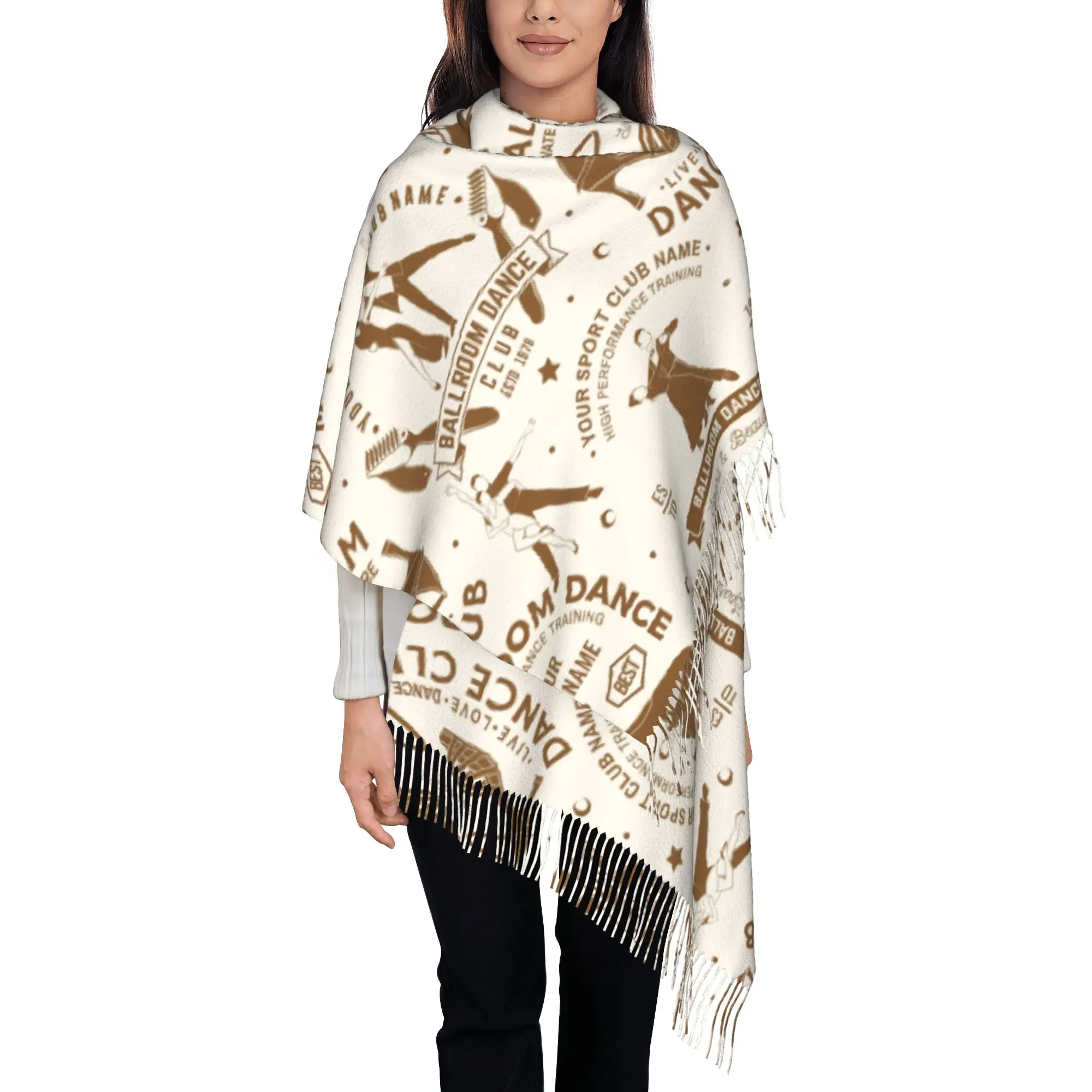 Custom Ladies Long Vintage Sepia Ballroom Dance Club Seamless Print Scarves Women Winter Fall Soft Warm Tassel Shawl Wrap  Scarf