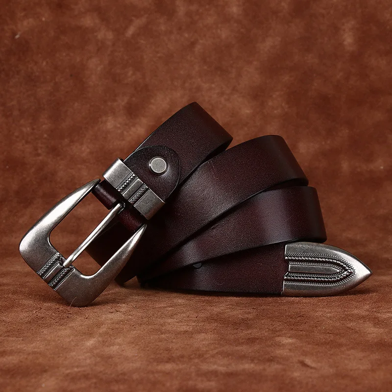3.3CM Fashionable and Versatile Belt, Genuine First Layer Cowhide, Pin Buckle for Men and Women's Trousers