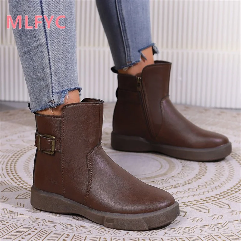 

Large Women's Boots 2023 Autumn/Winter New Short Boots Round Toe Flat Bottom Casual Simple Boots Women's Vintage Boots