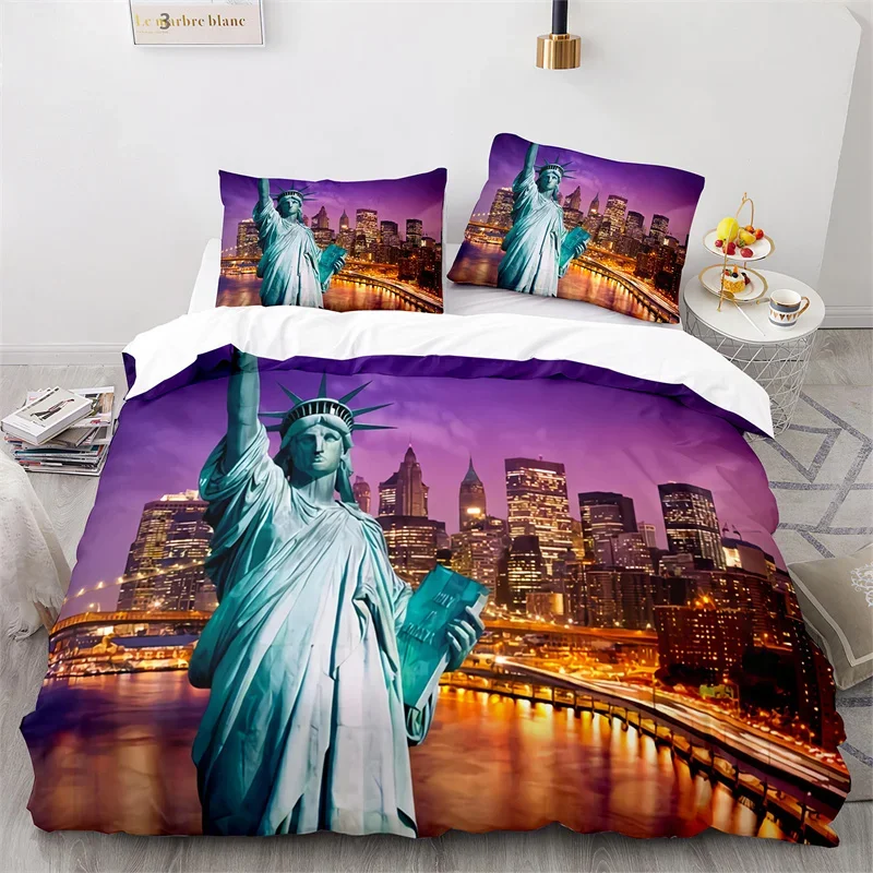 Statue of Liberty Duvet Cover King Size Microfiber World Famous Building Bedding Set New York Landmark Cityscape Comforter Cover