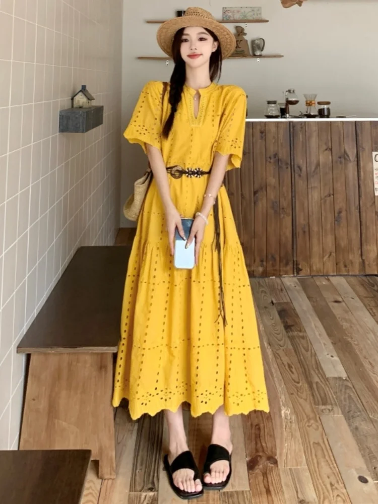 

Embroidery Hollow Out Temperament Dresses For Women V Neck Short Sleeve Lace Elegant Summer Dress Female Fashion New With Belt