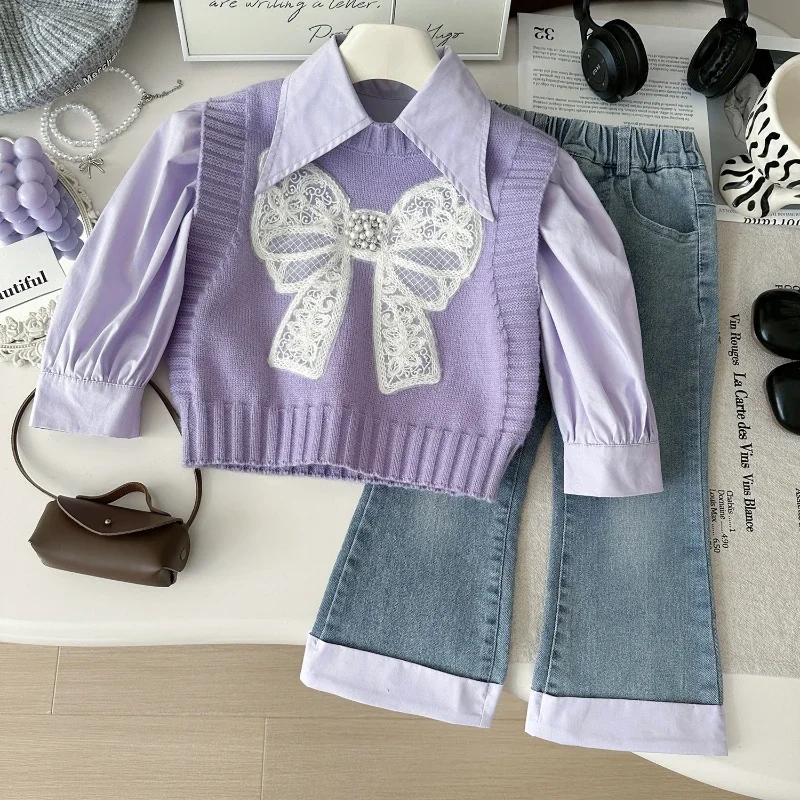 

Girls' Suit Autumn New Korean Version of Girls' Vintage Bow Knit Waistcoat + Shirt Top + Jeans Three-piece Set 2-7yrs