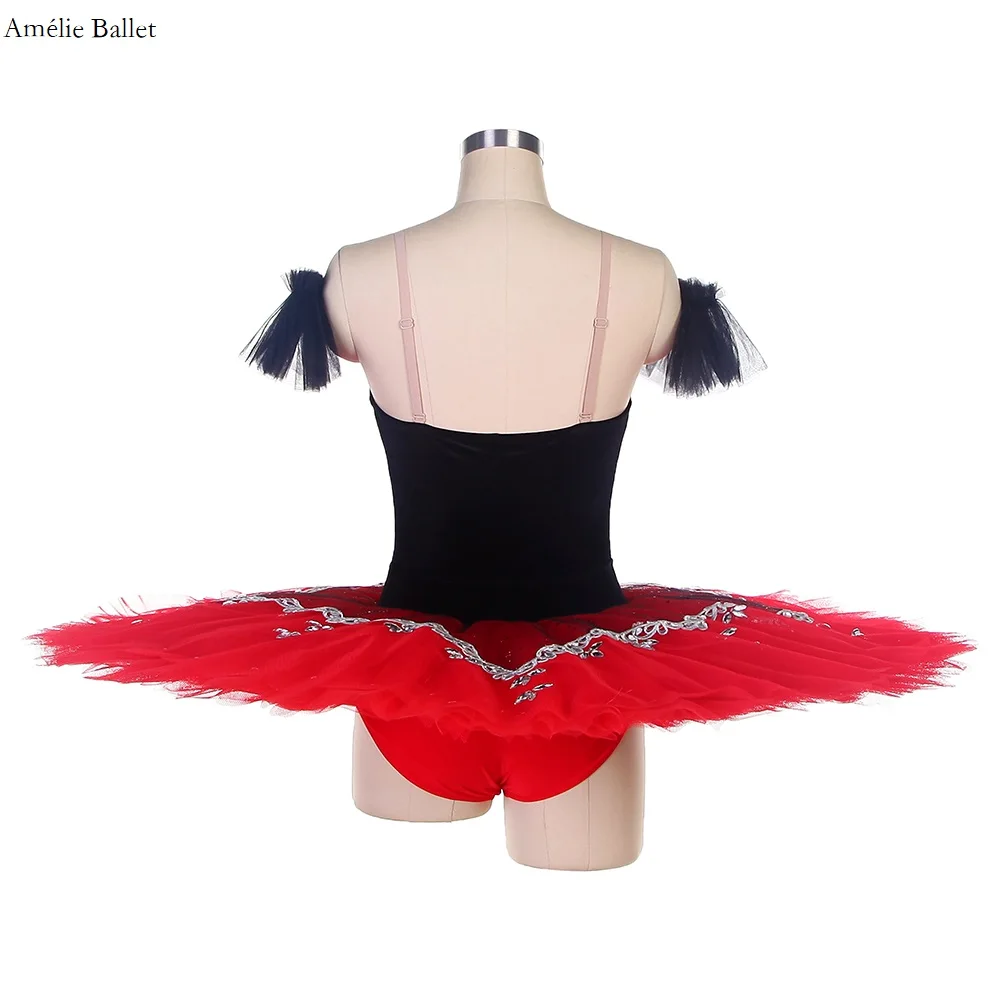 BLL459 Adult Girls Black Stretch Velvet Bodice Red Pancake Tutu with Silver Sequin Trim and Edging Pre-Professional Ballet Tutu