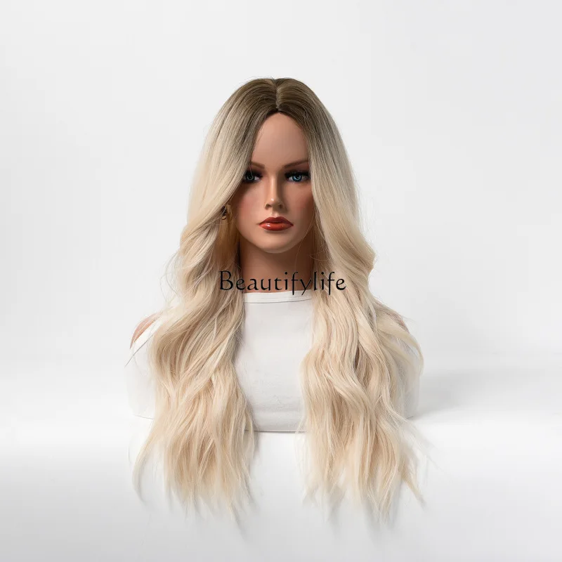 Ladies wig hood blonde gradual change long curly hair