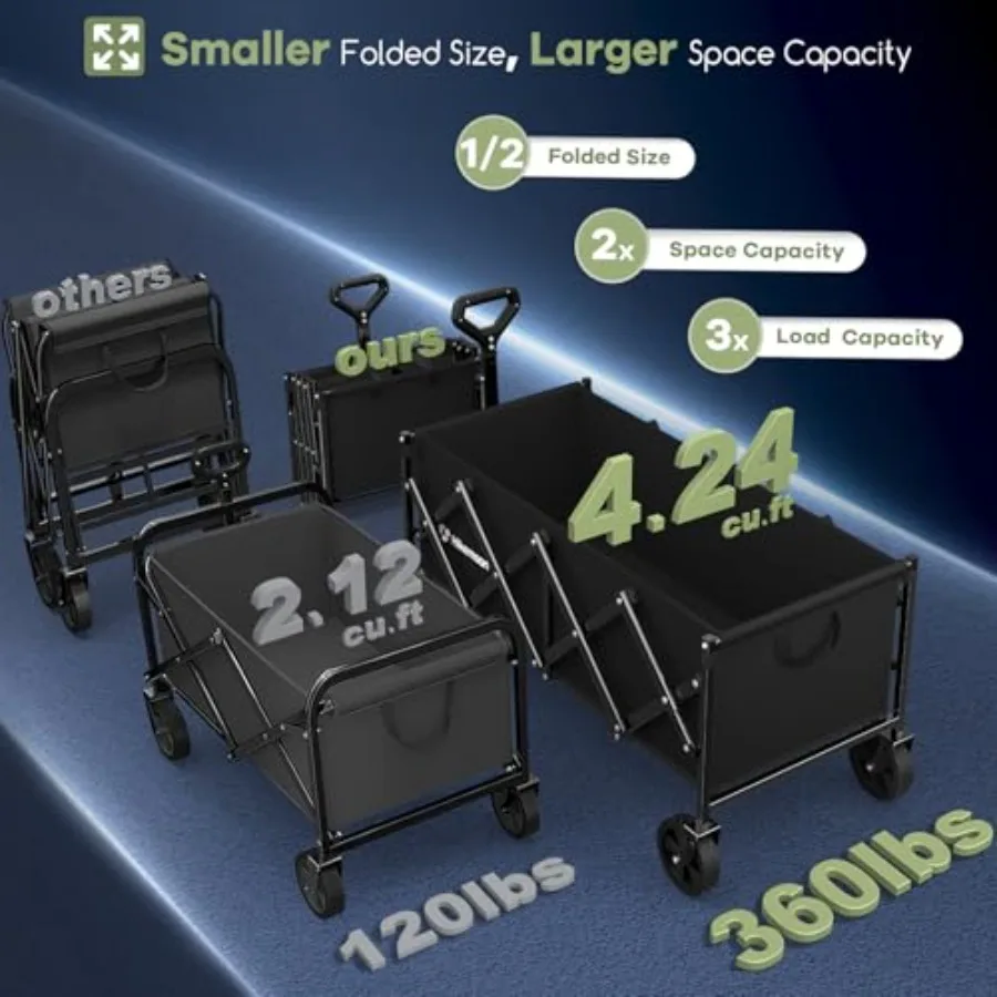 34'' Extra Long Collapsible Wagons Carts Foldable 360LBS Heavy Duty Folding Beach Wagon Cart with Wheels for Grocery Shopping G