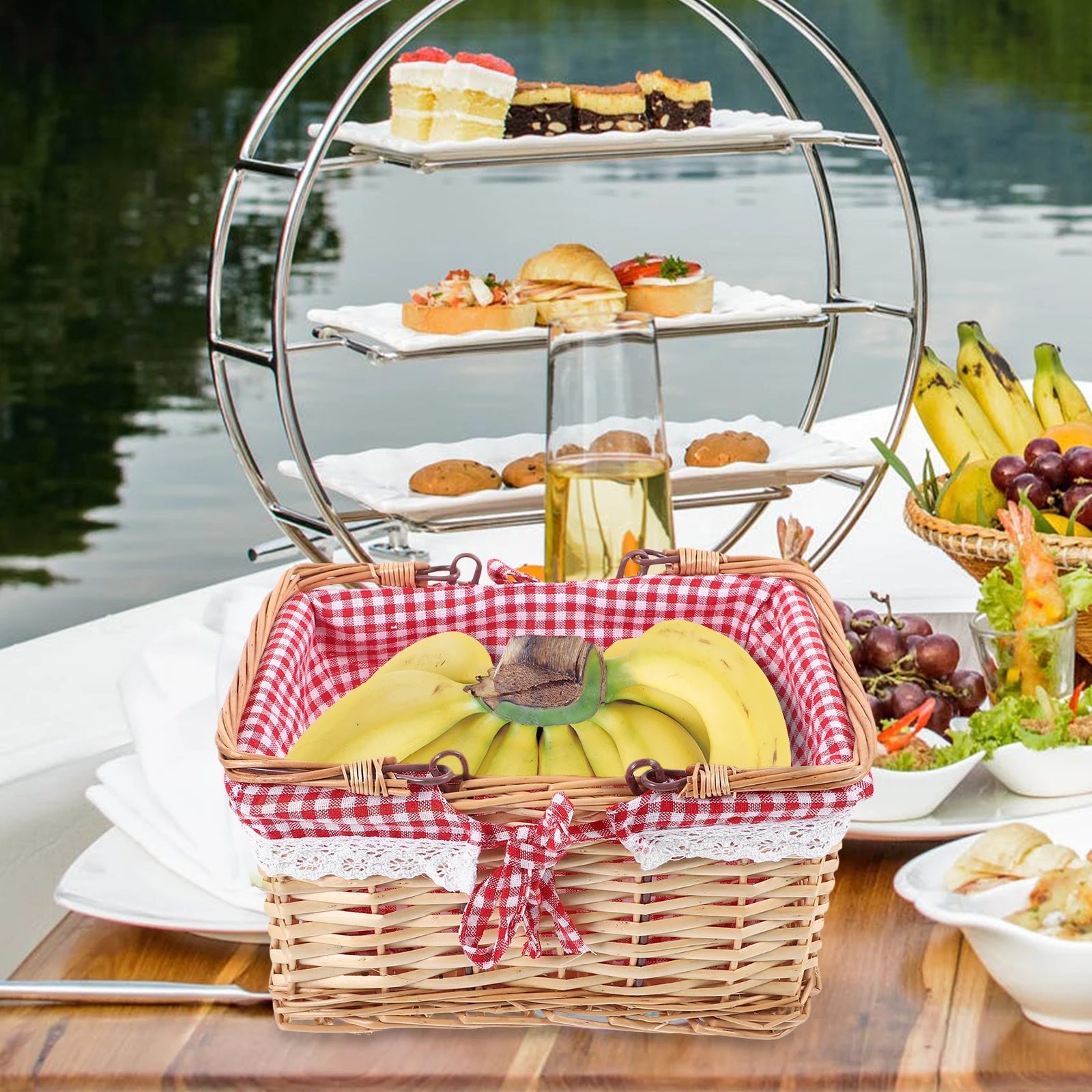 

Wicker Woven Hand Basket Durable Sturdy Handle Fruit Vegetable Picnic Basket Storage Organizer Household Kitchen
